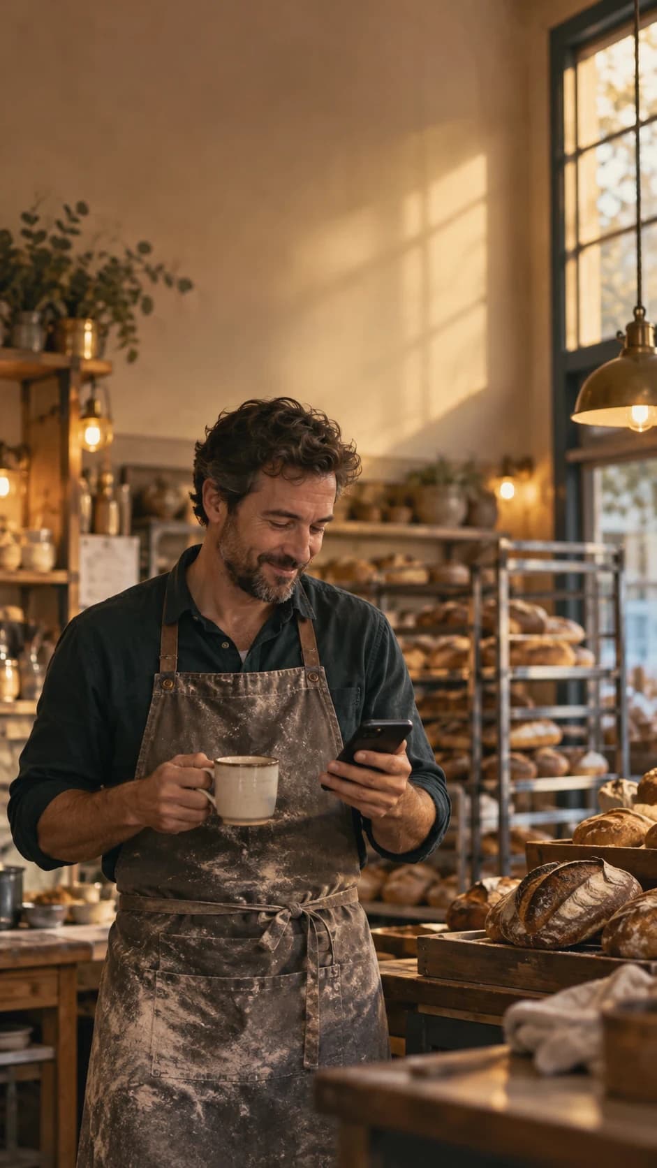 A baker in a flour-dusted apron holds a coffee and reads his phone with a small smile, racks of bread behind him in warm morning light.