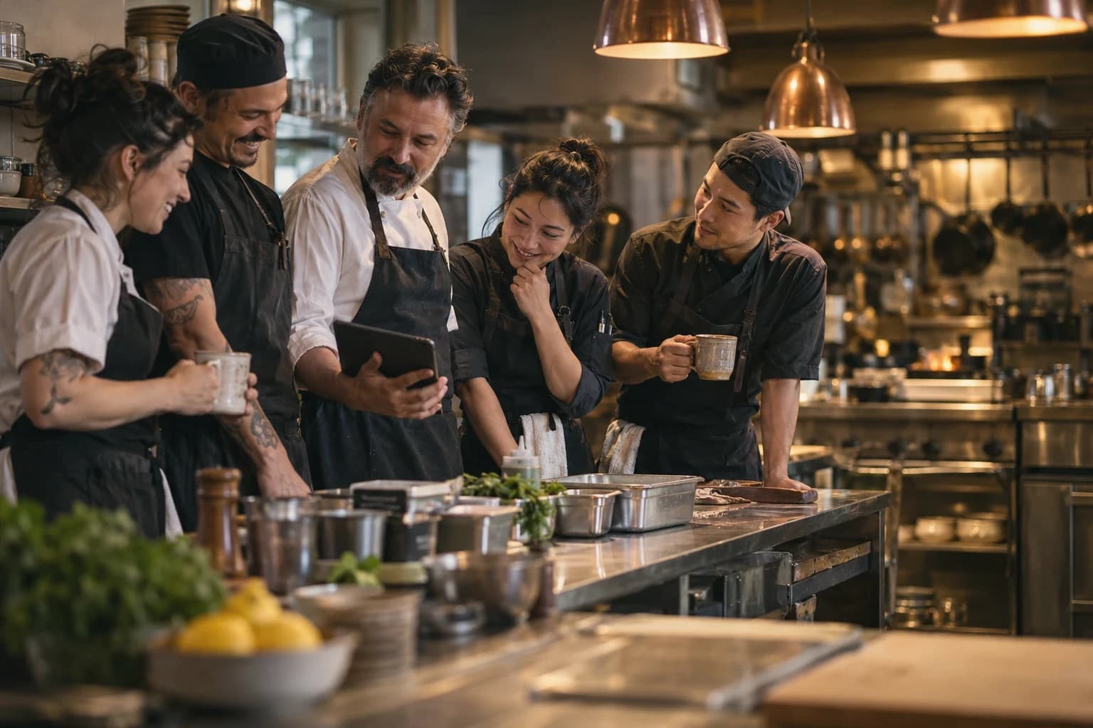 Five kitchen staff gather around the chef at the start of a shift while he shows them the plan on a tablet; two share a joke and two hold mugs of coffee.