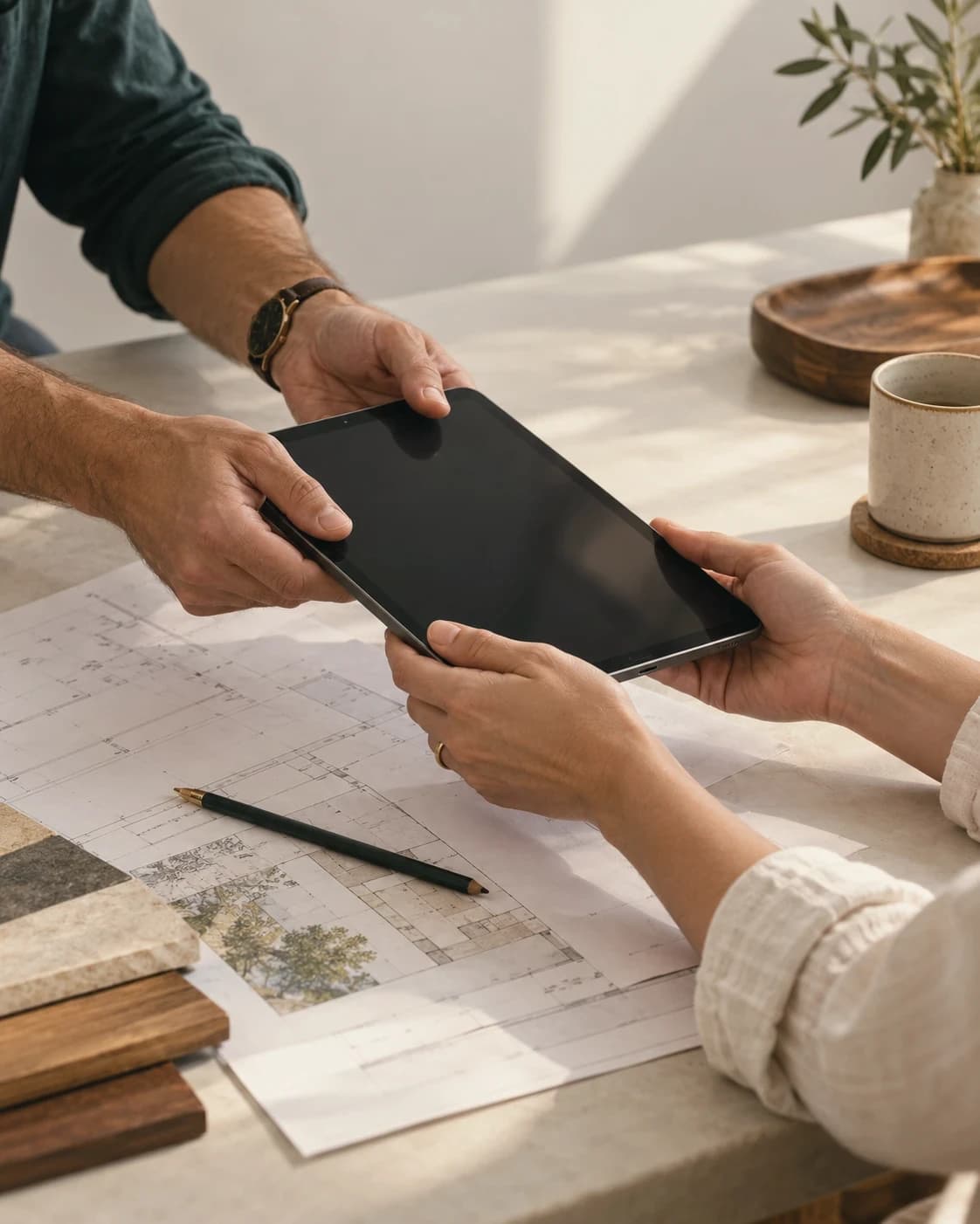 Two pairs of hands pass a dark tablet across a table over a printed floor plan, a pencil and material samples beside them.