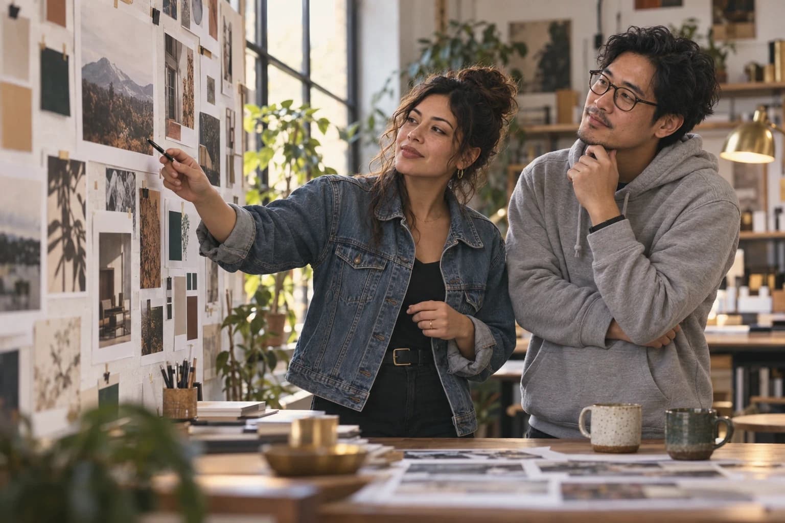 A designer points her pen at a wall of pinned prints and swatches while her colleague listens, chin in hand, in a bright studio full of plants.
