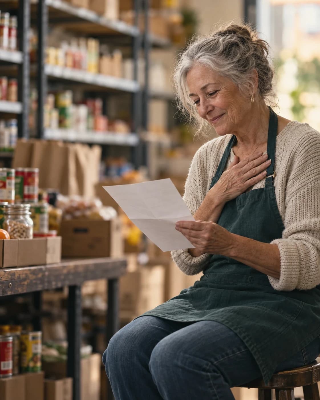 A pantry volunteer sits on a stool reading a thank-you letter, one hand over her heart, shelves of donated food behind her.