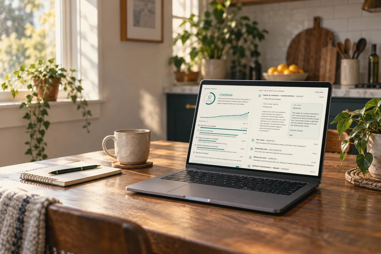 An open laptop on a kitchen table shows the Brainztem workspace and its Brain health score, a mug and a notebook beside it in morning light.