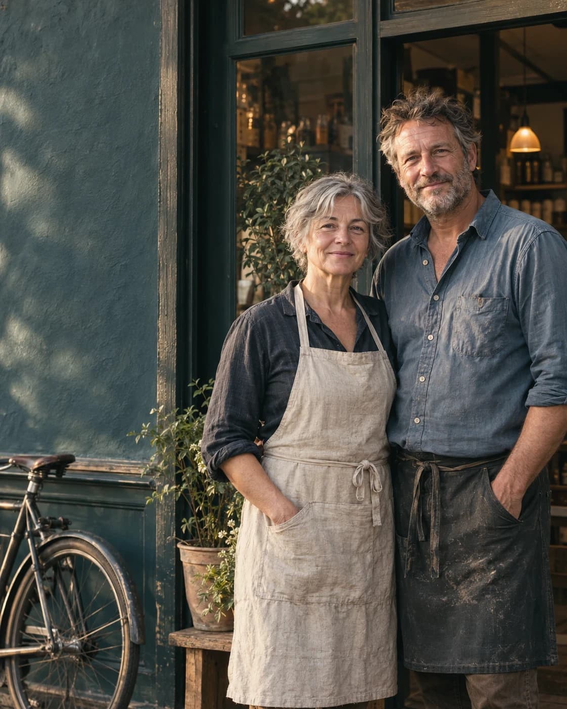 A couple in their fifties, co-owners of a small shop, stand shoulder to shoulder in aprons at the door of their own storefront, a bicycle leaning on the wall behind them.