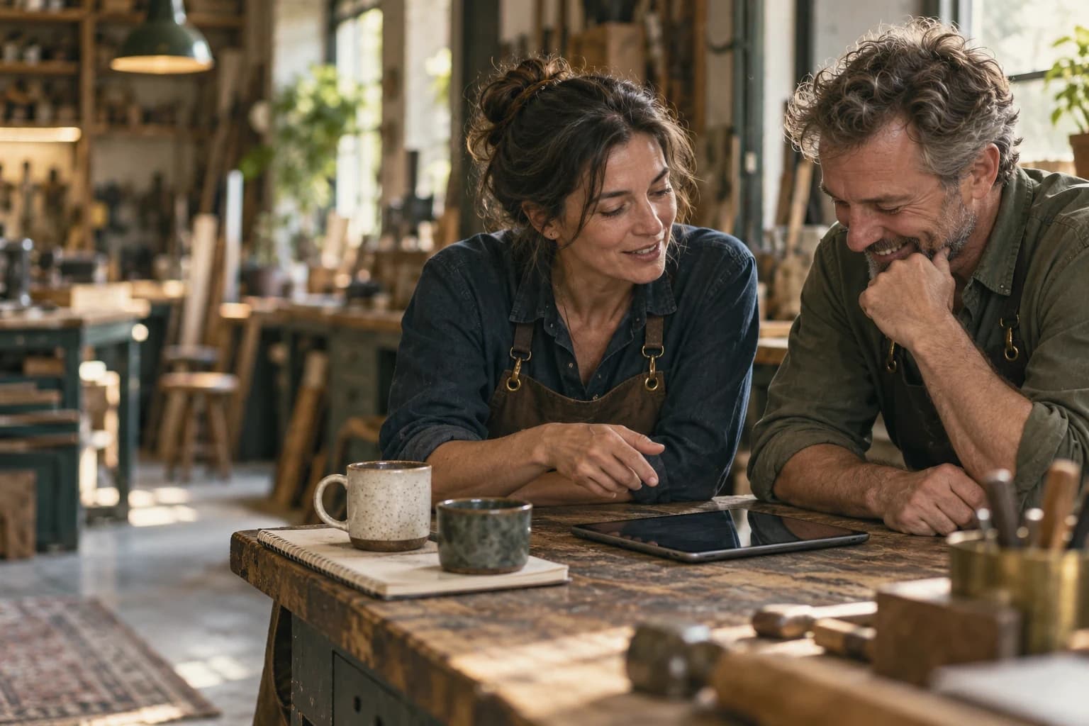 Two co-owners lean over a single tablet on a worn wooden workbench in their shop, one laughing, coffee cups and a notebook beside them.