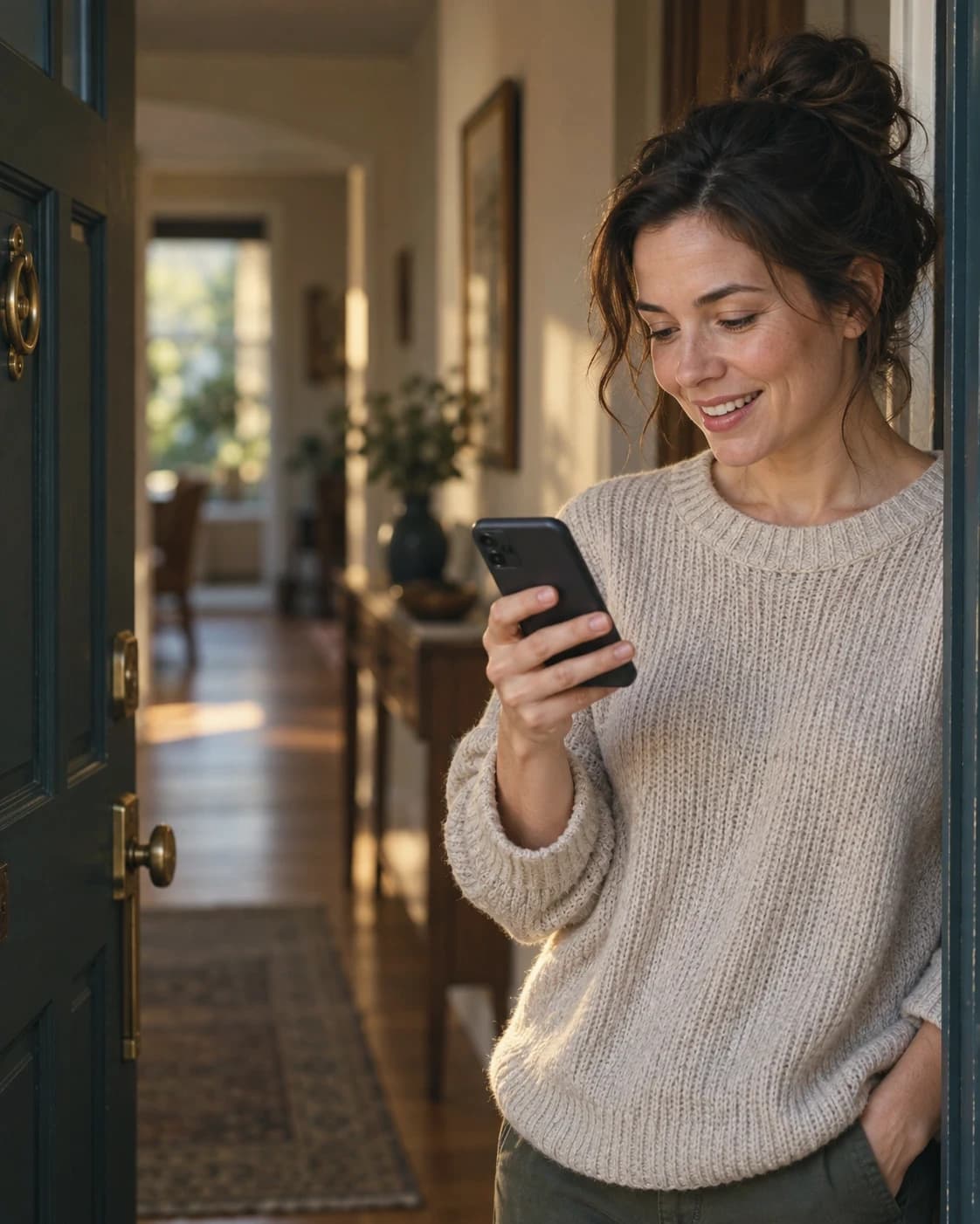 A woman standing in her open front doorway reads a message on her phone and smiles, a warm hallway behind her.