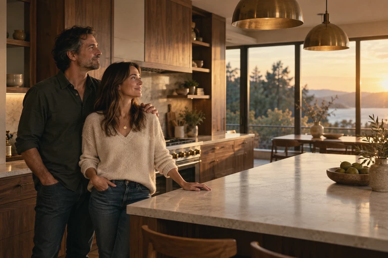 A couple stand in their newly finished walnut-and-stone kitchen at golden hour, looking out at the view, her hand resting on the counter.
