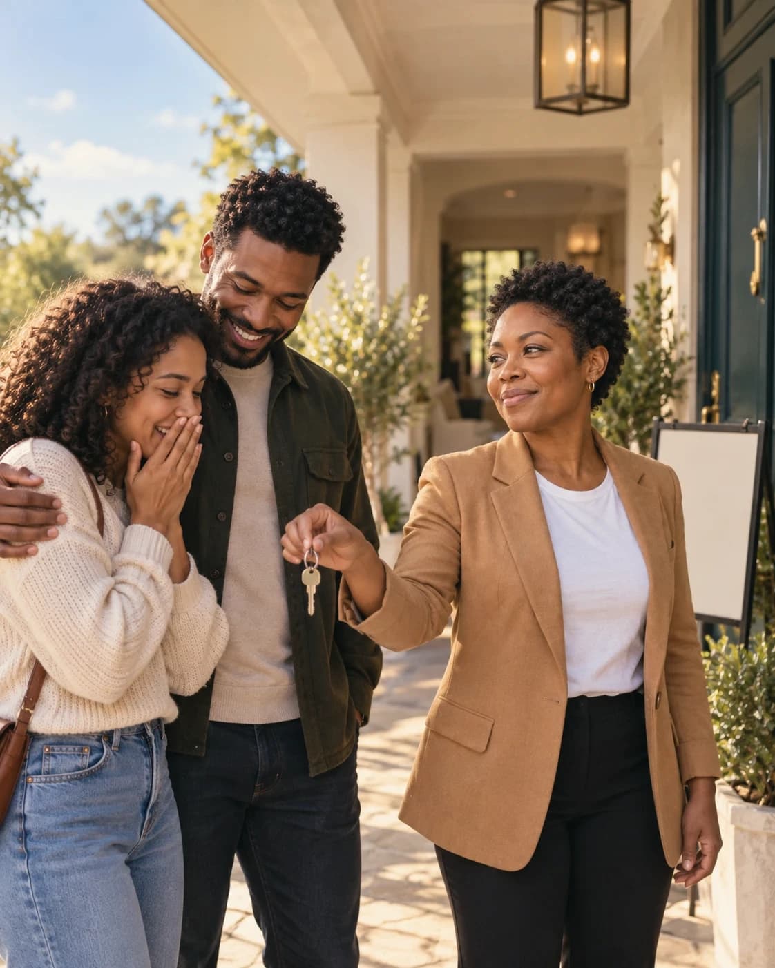 A real-estate agent in a camel blazer holds out a set of keys to a couple on the porch of their new home; one of them covers her mouth in delight.